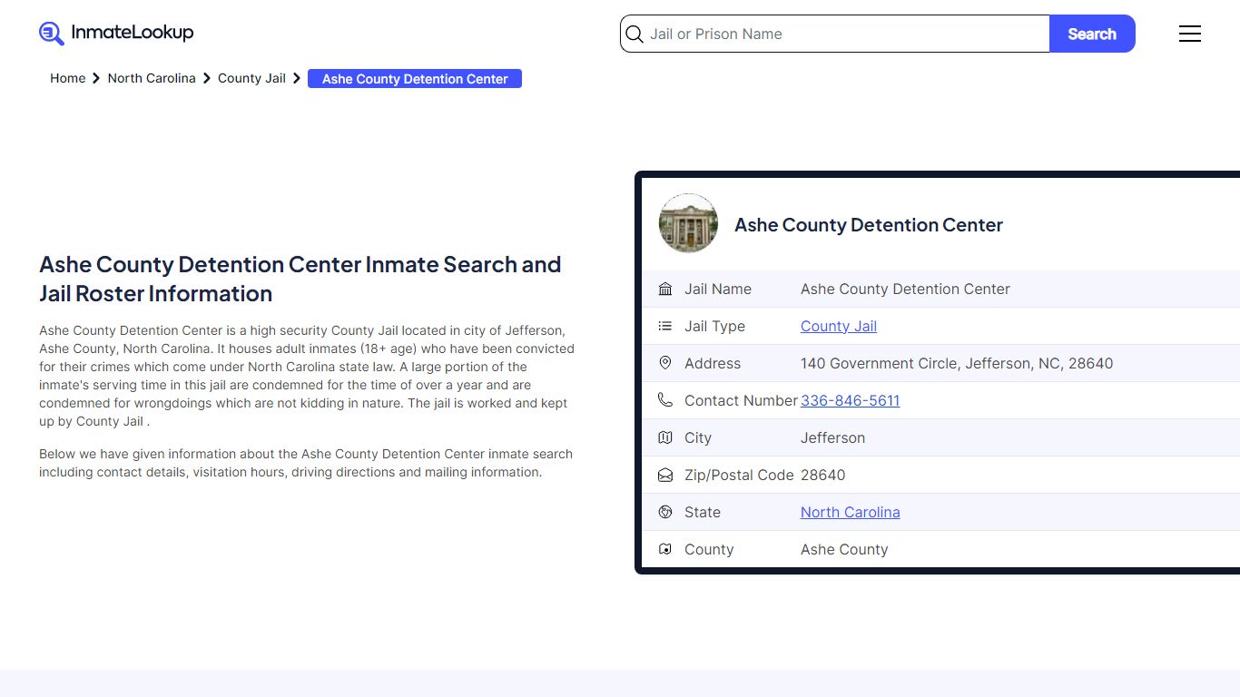 Ashe County Detention Center (NC) Inmate Search and Jail Roster Information